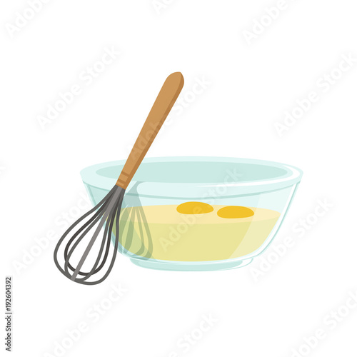 Raw eggs in a glass bowl and whisk for whipping vector Illustration