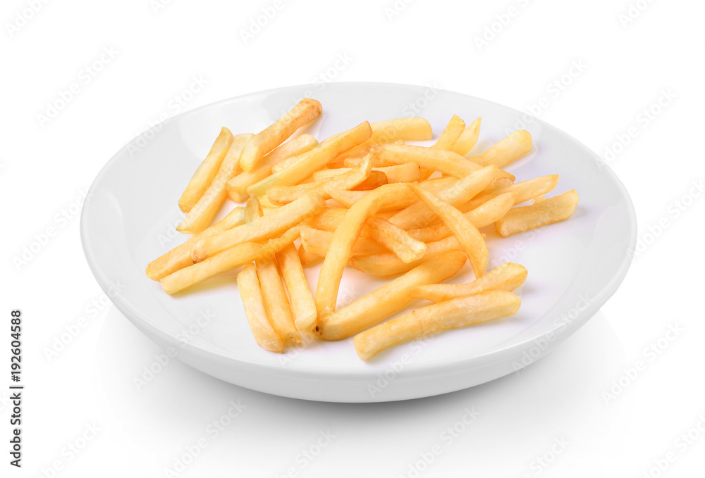French fries in plate on white background