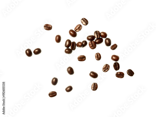 Isolate coffee beans, a top view closeup photo image of scattered dark roasted coffee beans isolate on white bright light background, dark brown color coffee beans