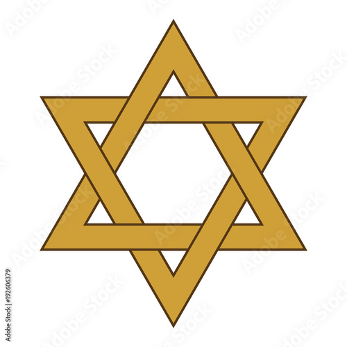 Gold sixe-pointed jewish star. Star of David, hexagram. Abstract concept. Vector illustration on white background.
