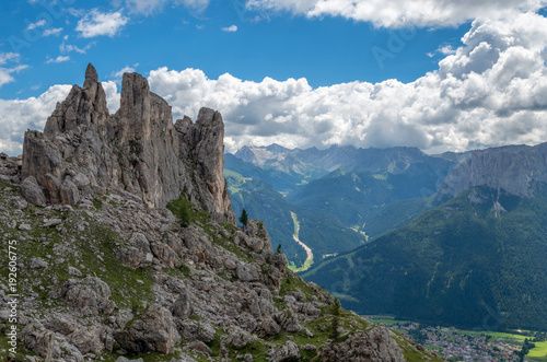 Dolomites - aerial view of Vago di Fassa, Italy, Europe, Dolomites mountains