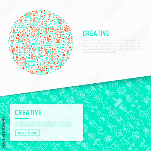Creative concept in circle with thin line icons: generation of idea, start up, brief, brainstorming, puzzle, color palette, creative vision, genius, solving problem. Modern vector illustration.