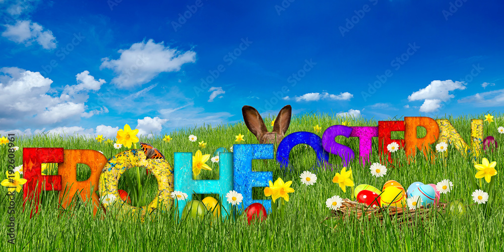 Naklejka premium frohe ostern hintergrund gras osterwiese mit holz buchstaben ostereier und osterhase vor blauem himmel