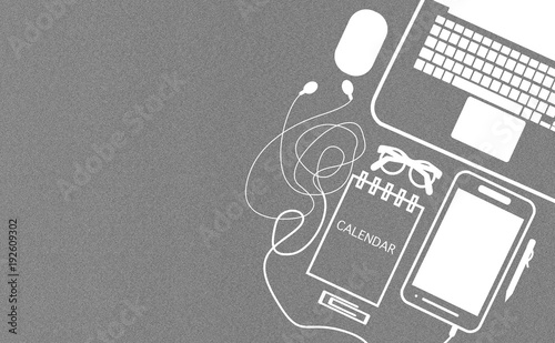 Workplace collection on gray background,