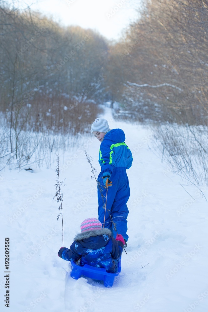Boy pulling his little sister on a sled