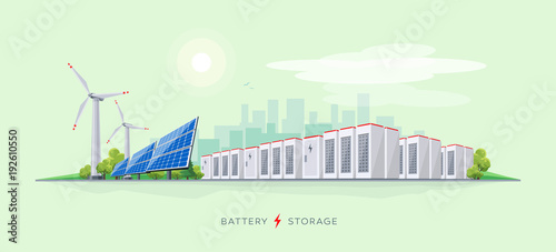 Vector illustration of large rechargeable lithium-ion battery energy storage stationary and renewable electric power station with solar panels and wind turbines. Backup power energy storage system.