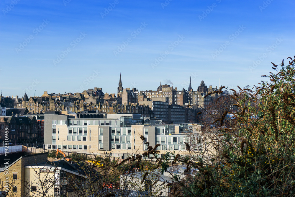 Street view of Historic Old Town Houses in Edinburgh, Scotland