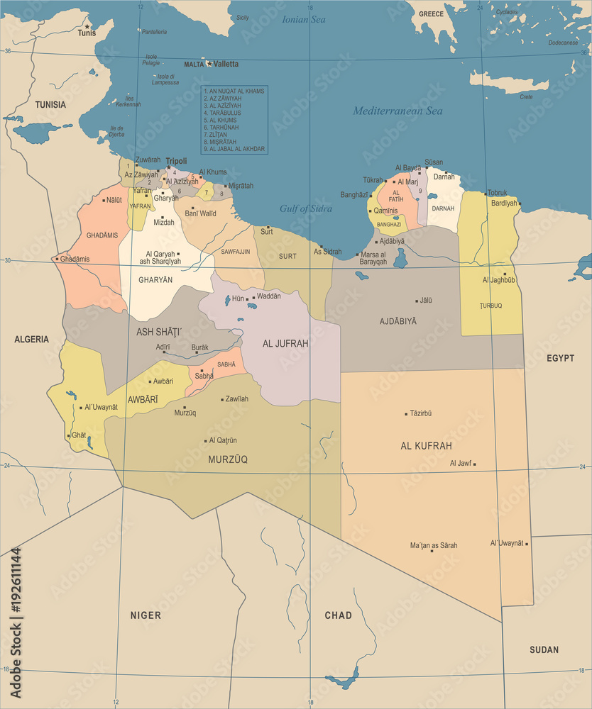 Libya Map - Vintage Detailed Vector Illustration