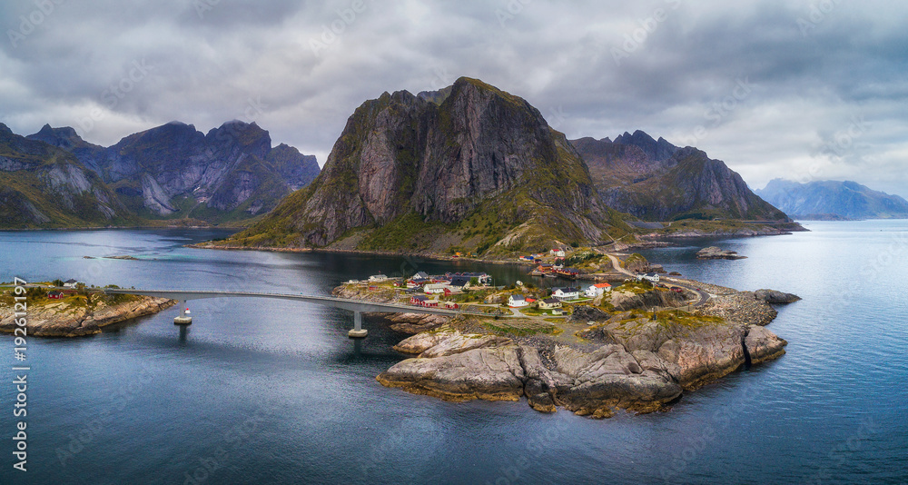 Obraz premium Aerial view of Hamnoy fishing village in Norway