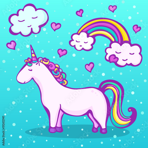 Sweet unicorn on a blue background with a rainbow  clouds and hearts 