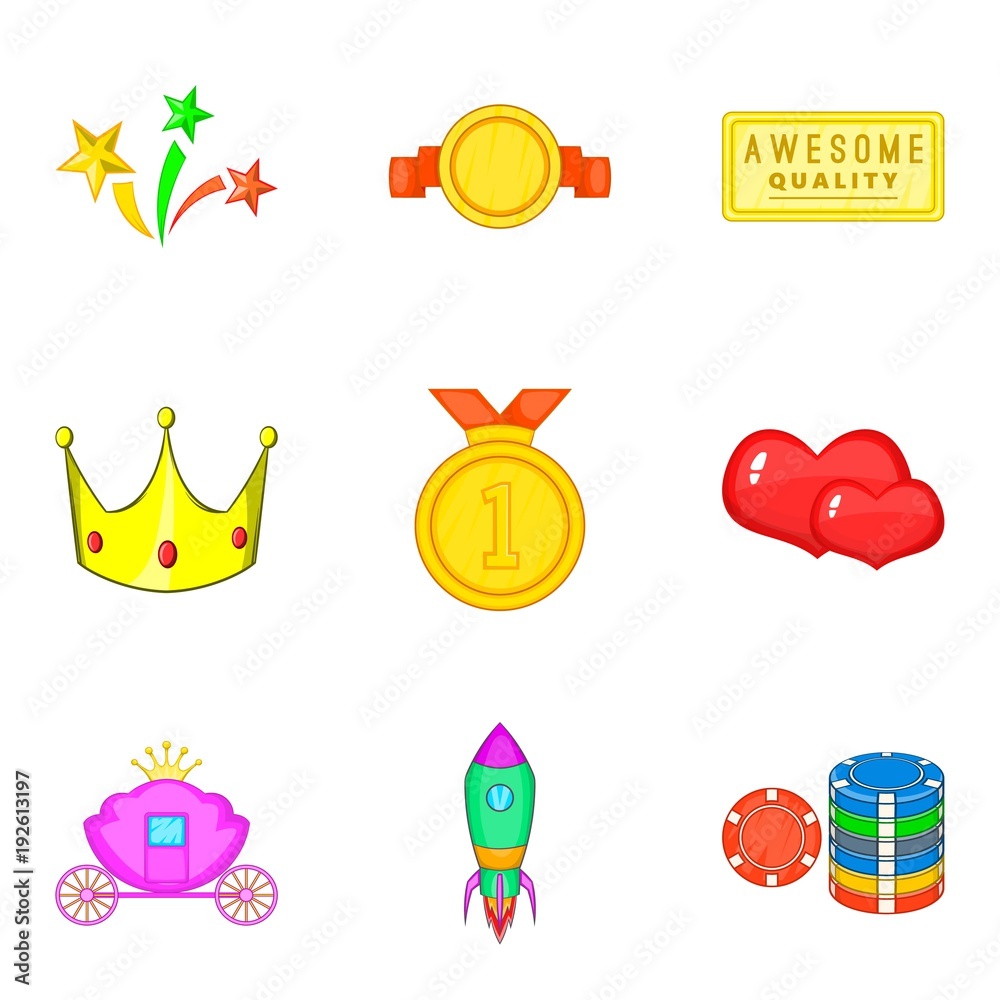 Reward for the winner icons set, cartoon style