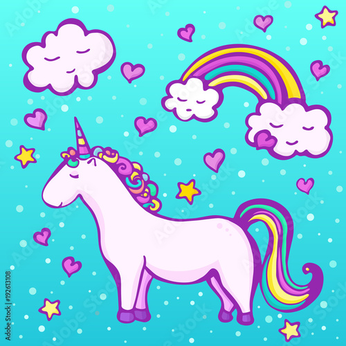 Cute unicorn on a blue background with a rainbow  clouds  hearts and stars