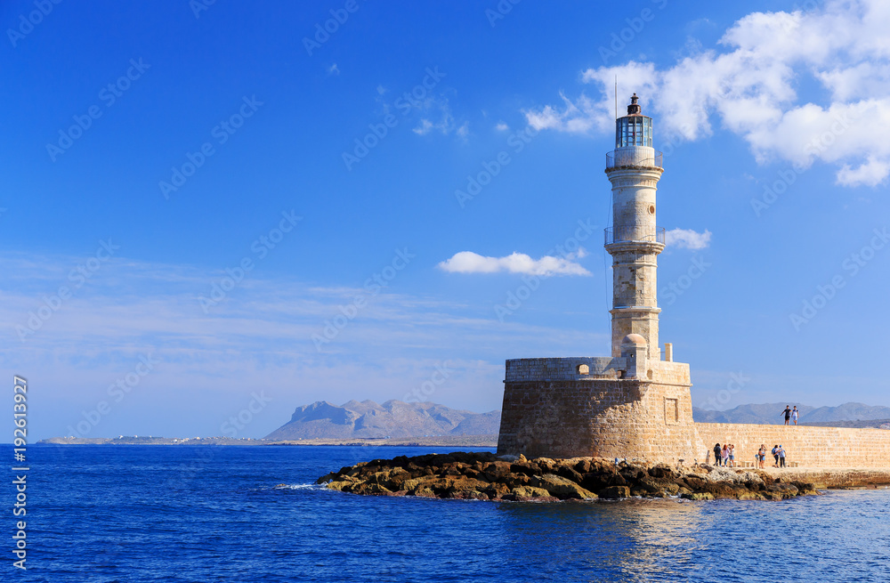 Egyptian Lighthouse in the Venetian port in the city of Chania, Greece, Crete, one of the oldest lighthouses in the world.