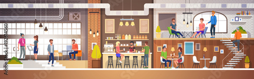 Modern Cafe Interior in loft style. full of People. Restaurant Flat Vector Illustration.