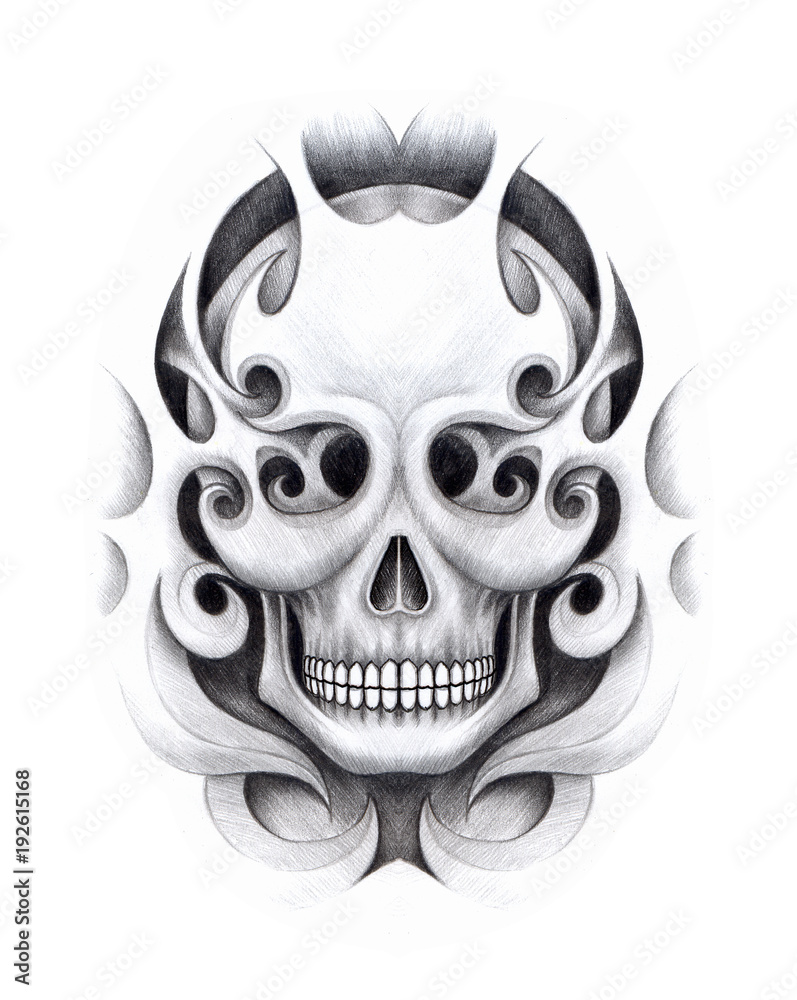 Fototapeta premium Art graphic mix Skull Tattoo. Hand pencil drawing on paper.