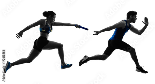 athletics relay runners sprinters running runners in silhouette isolated on white background