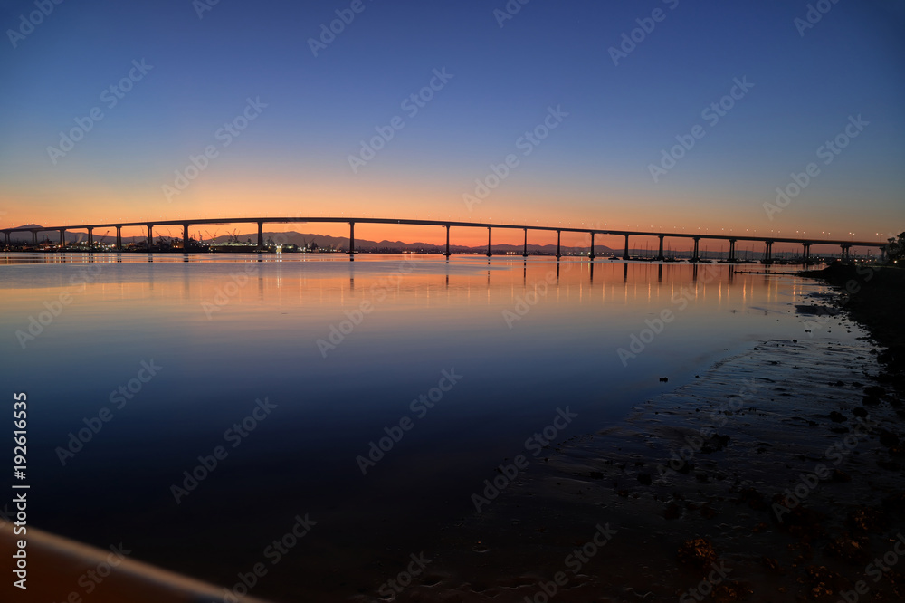 The Sunrise over the Coronado Bridge in San Diego, California.