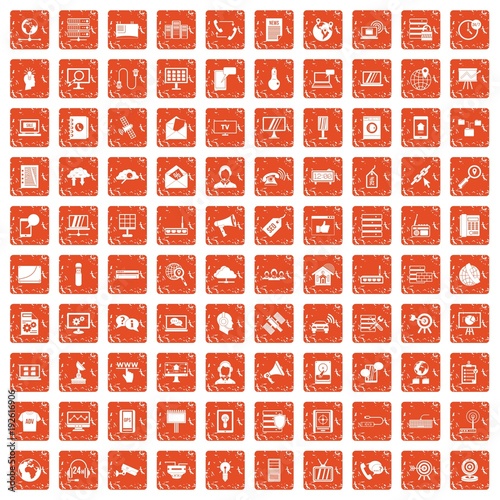 100 telecommunication icons set grunge orange
