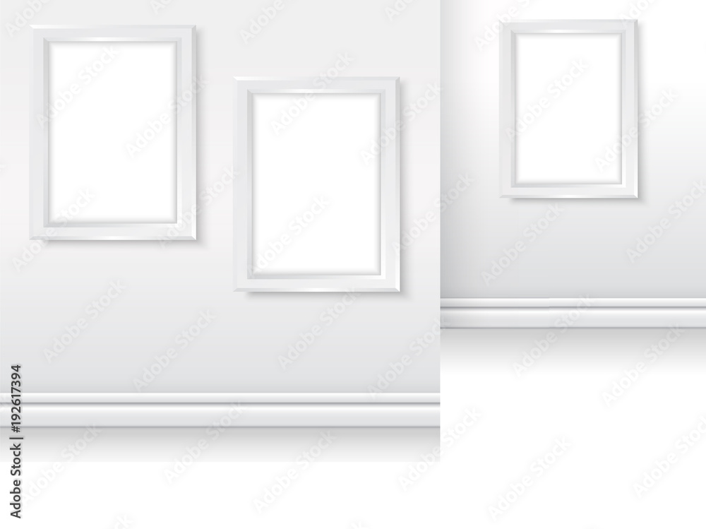 Picture frames in gallery mock up simple vector white