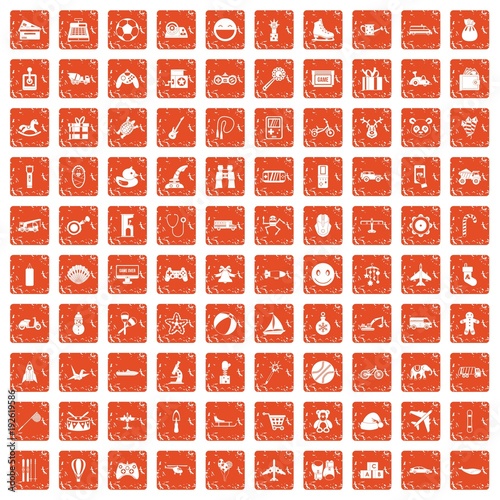 100 toys for kids icons set grunge orange