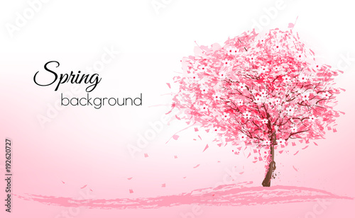 Beautiful background with a pink blooming sakura tree. Vector.