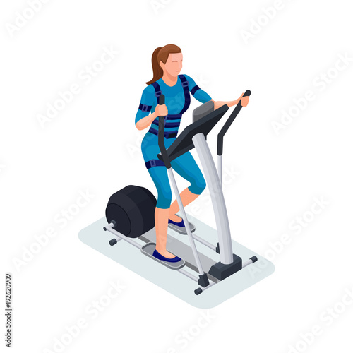 Ems fitness cardio workout isometric 3d illustration with girl running elliptical machine, sport infographics template vector illustartion