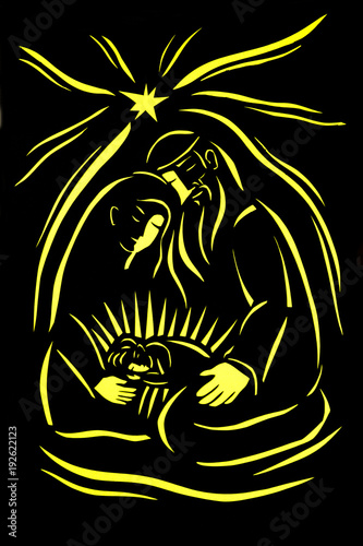 Работа вырезанная из чёрной и жёлтой бумаги,на которой изображено рождение Иисуса Христа.Младенец с родителями.