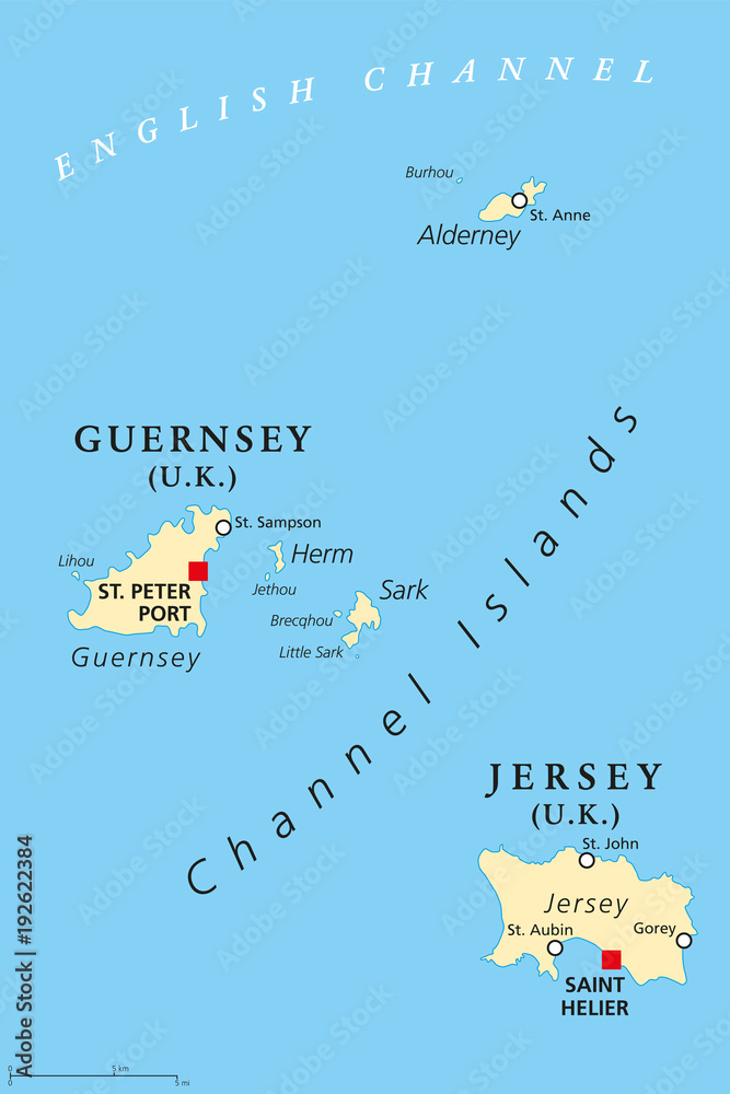 Guernsey and Jersey, political map, with capitals. Channel Islands. Crown  dependencies. Archipelago in the English Channel, off the french coast of  Normandy. English labeling. Illustration. Vector. Stock Vector | Adobe Stock