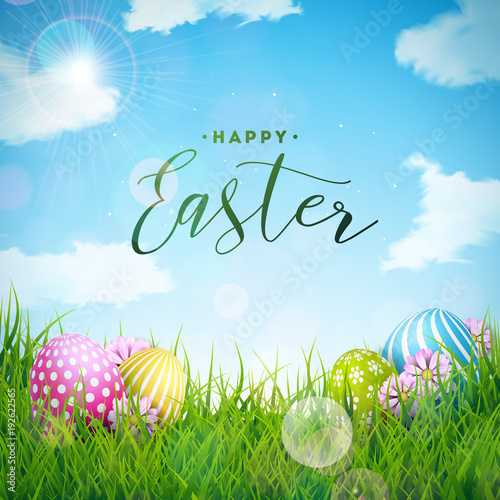 Vector Illustration of Happy Easter Holiday with Painted Egg and Flower on Green Nature Background. International Celebration Design with Typography for Greeting Card, Party Invitation or Promo Banner