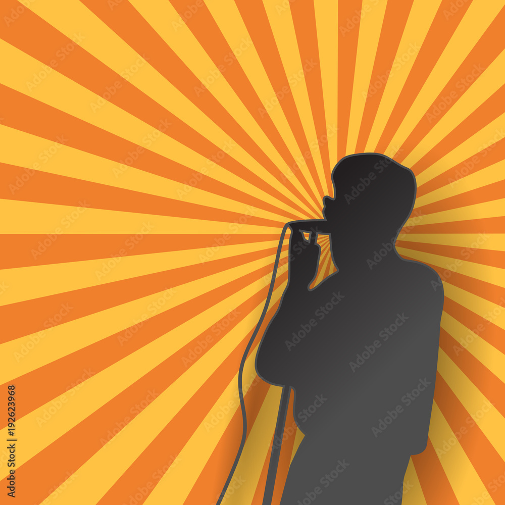 Singer in silhouette, Paper Art Style, with colorful ray on background. for poster, banner design.