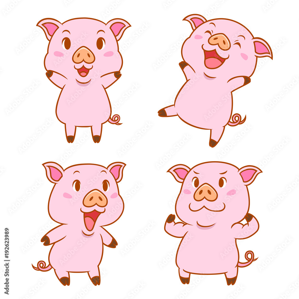 Set of cute cartoon pigs in different poses. Set of cute cartoon pigs in different poses.