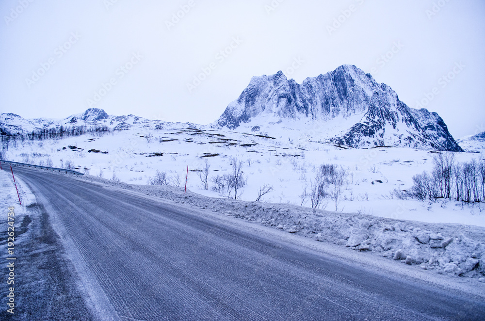 Road Leading through Snowy Mountains
