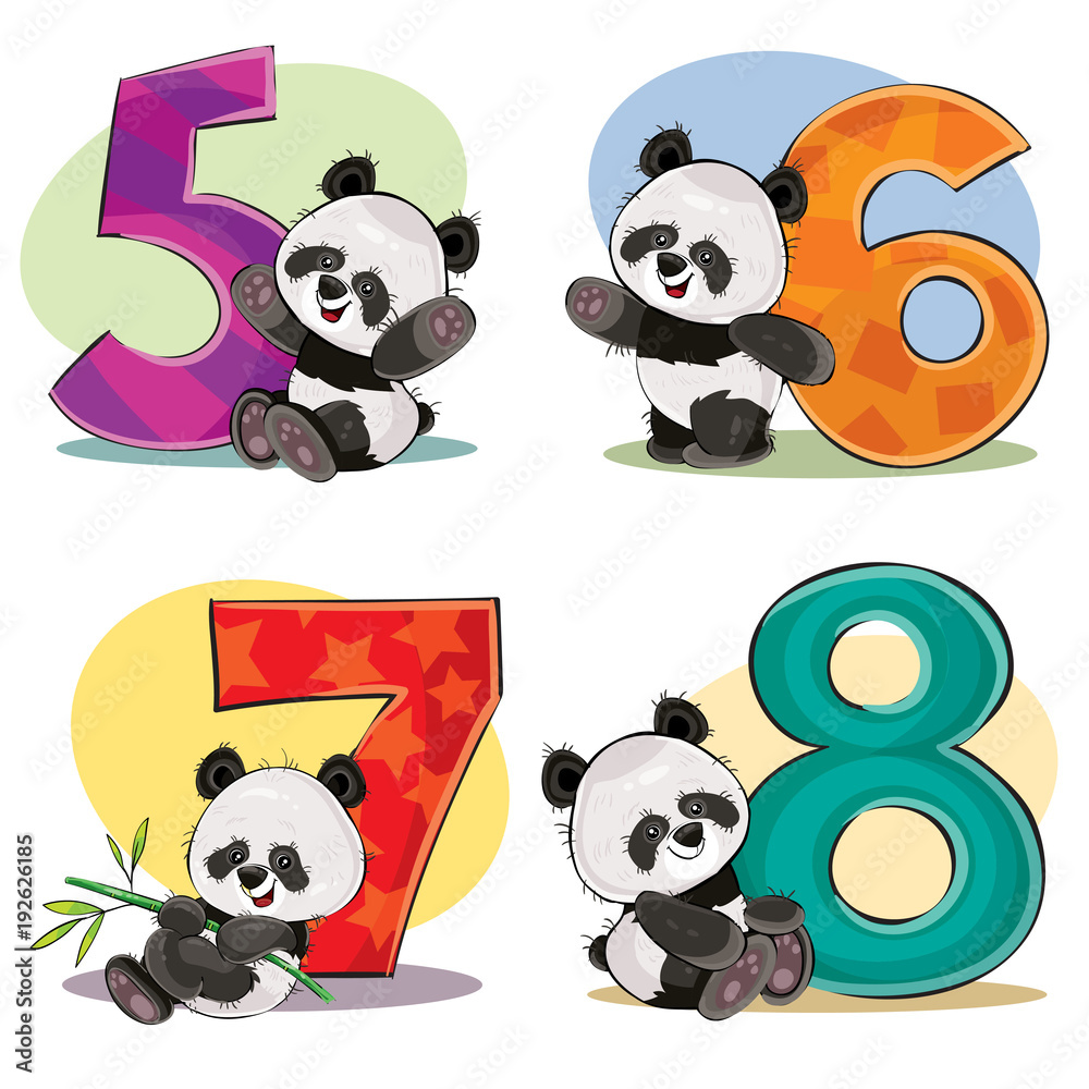 Set of cute baby panda bears with numbers vector cartoon illustration.  Clipart for greeting card for kids birthday, invitation, template for  t-shirt print. Fun math, counting, numerals - 5,6,7,8 Stock Vector |