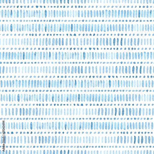 Seamless watercolor pattern. Simple geometric lines. Blue and white colors. Prints for textiles. Uneven edges. Vector illustration.