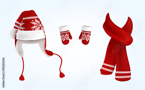 Vector realistic illustration of knitted santa hat with earflaps, red mittens and scarf with decorative pattern on them, isolated on background. Christmas traditional clothes for head, hands and neck