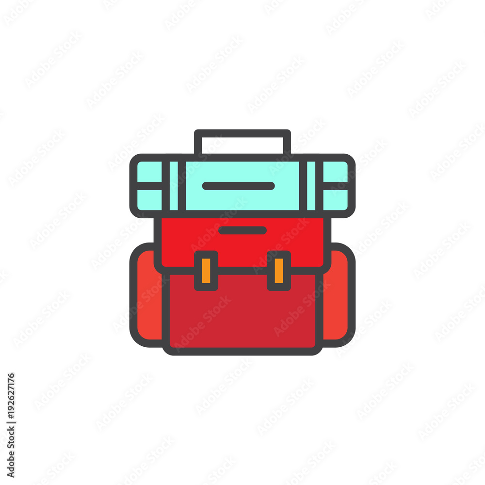 Hiking backpack filled outline icon, line vector sign, linear colorful pictogram isolated on white. Travel rucksack symbol, logo illustration. Pixel perfect vector graphics Hiking backpack filled outline icon, line vector sign, linear colorful pictogram isolated on white. Travel rucksack symbol, logo illustration. Pixel perfect vector graphics