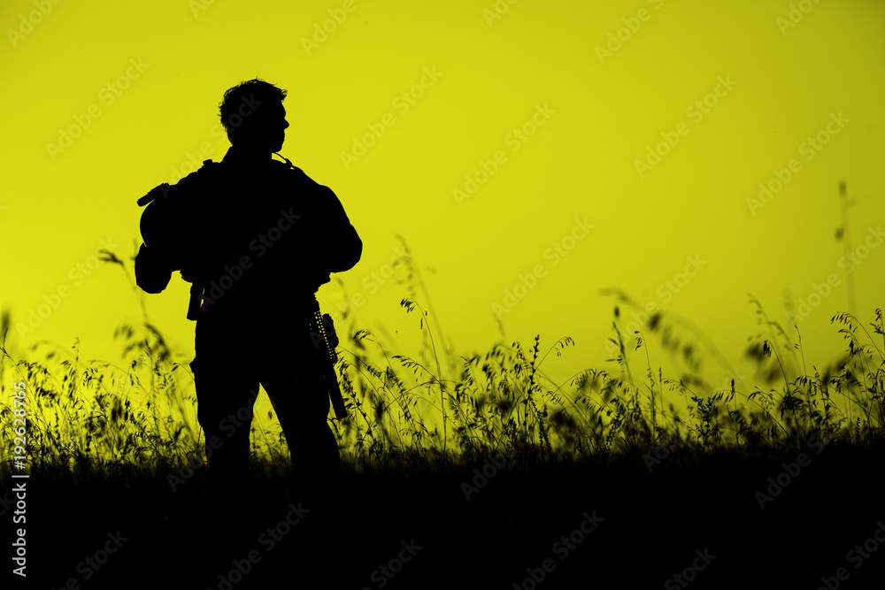military soldier with weapons at sunset. shot, holding gun, colorful sky. military concept. military soldier with weapons at sunset. shot, holding gun, colorful sky. military concept.
