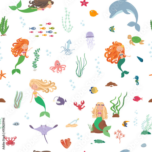 Cartoon underwater world. Seamless pattern