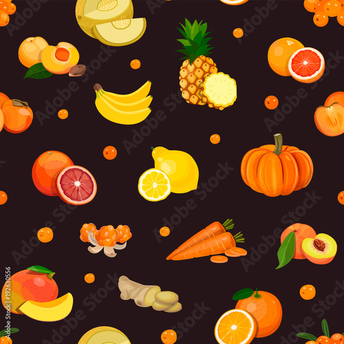 Fototapeta Naklejka Na Ścianę i Meble -  Seamless pattern of orange yellow berries, fruits and vegetables. Food black Background and Texture