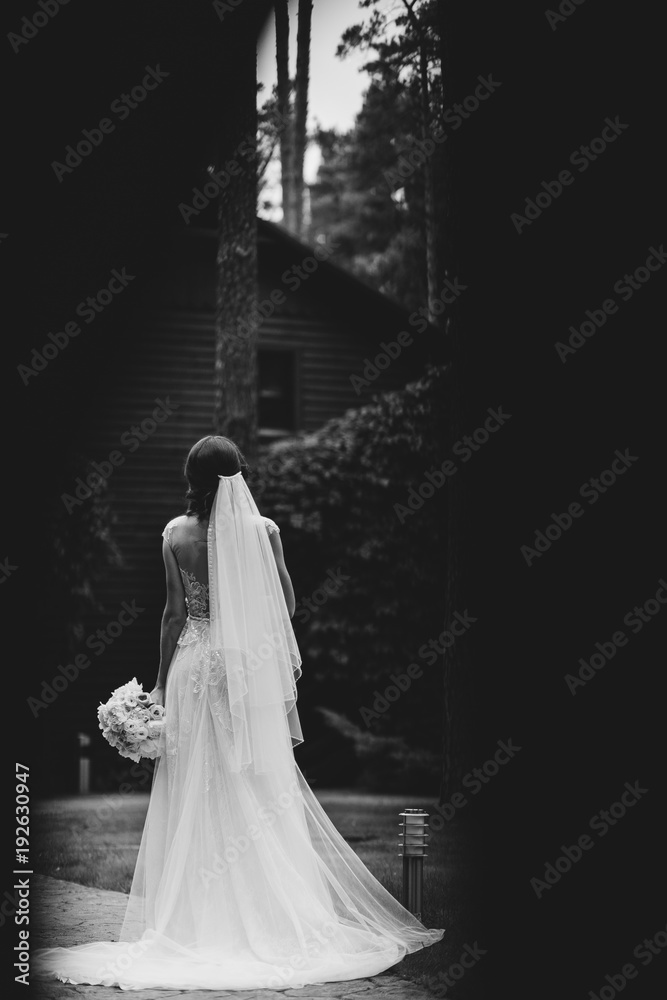 The bride stands with her back in the wedding dress with a bouquet in her hand on the alley in the nature. The bride stands with her back in the wedding dress with a bouquet in her hand on the alley in the nature.