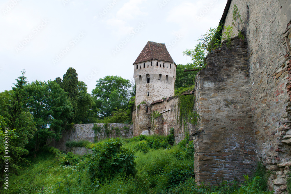 Tower and walls of the Sighisoara Citadel in Transylvania, Romania