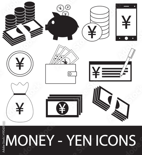 Set, collection or pack of Yen, Yuan or Renminbi currency icon or logo. Coins, notes or bills, cell or mobile phone or check. Symbol for Japanese or Chinese bank, banking or Japan and China finances