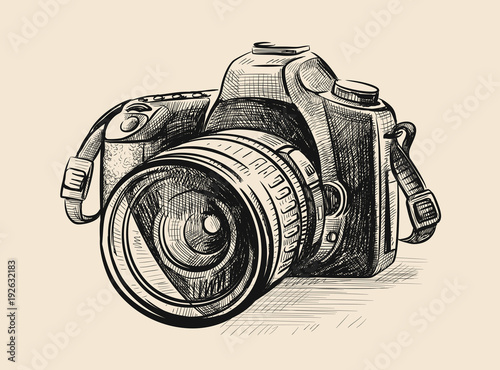 Modern camera in doodle style.