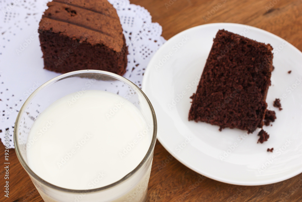 Glass of milk with chocolate cake background. Selective focus on milk glass.