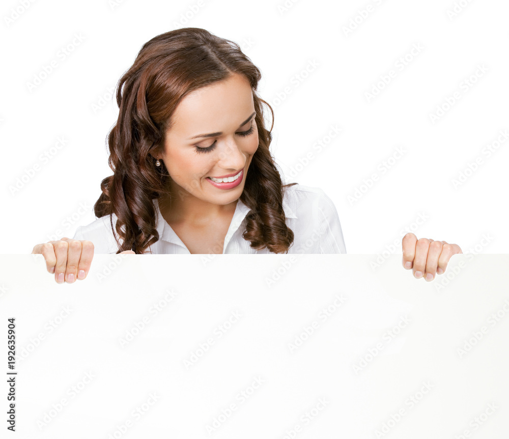 Businesswoman showing blank signboard, isolated Businesswoman showing blank signboard, isolated