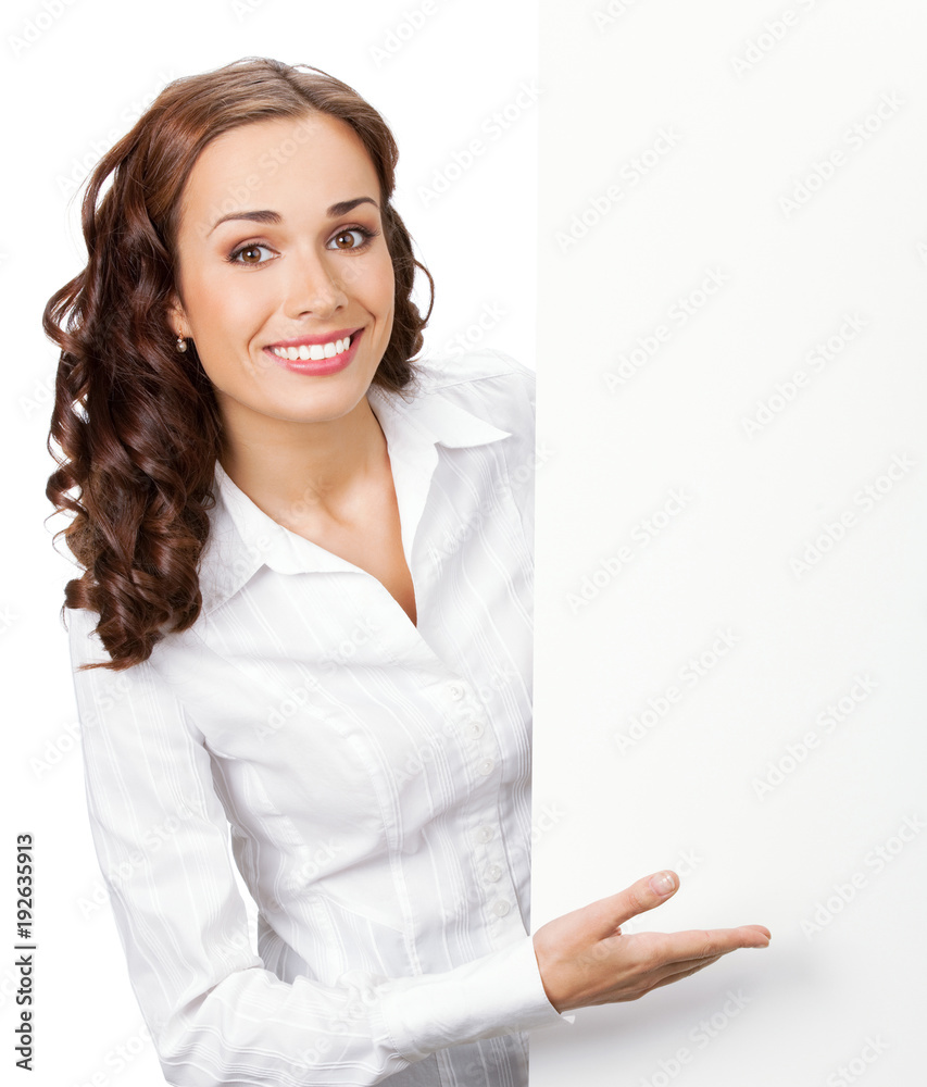 Businesswoman showing blank signboard, isolated Businesswoman showing blank signboard, isolated
