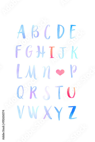 Watercolor hand lettering of English alphabet isolated on white background