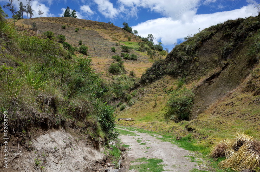 A mountain track winds through the Ecuadorian Andes on the Quilotoa Loop hike