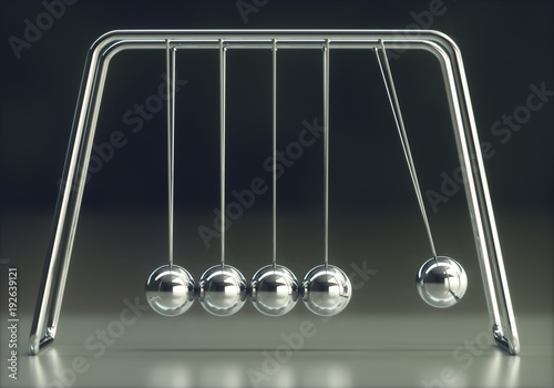 Energy Conservation Momentum. 3D illustration of Newton's cradle, concept of conservation of momentum and energy.