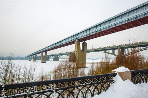 Fototapeta Naklejka Na Ścianę i Meble -  View of the indoor Novosibirsk metro bridge across the Ob river. Russia